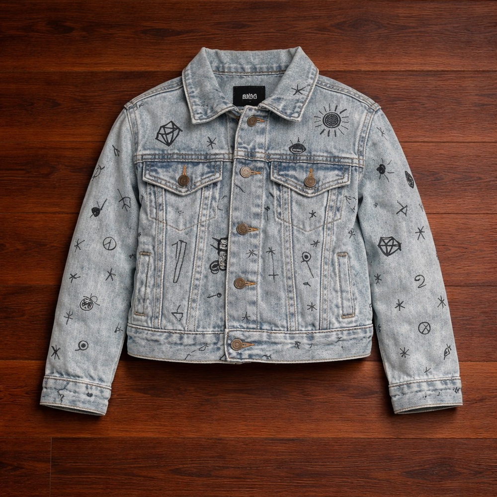 BDG Graphic Denim Jacket XS – Blue Brown Cartoon Print Button Down Jean Jacket